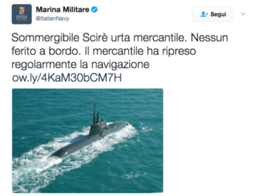 Incidente in mare: Sommergibile della Marina Militare urta un mercantile 54 Marina militare