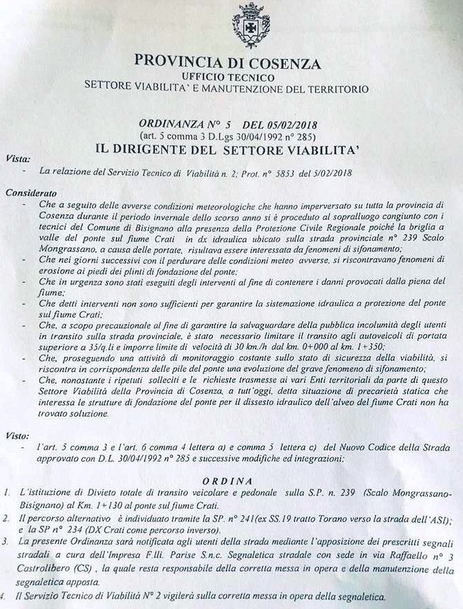 Ordinanaza Divieto transito ponte bisignano