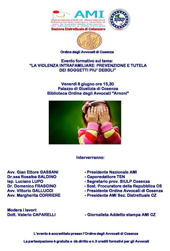 L'AMI affronta domani a Cosenza il dramma della violenza intrafamiliare 54 locandina invito AMI Cosenza 8 giugno 2018