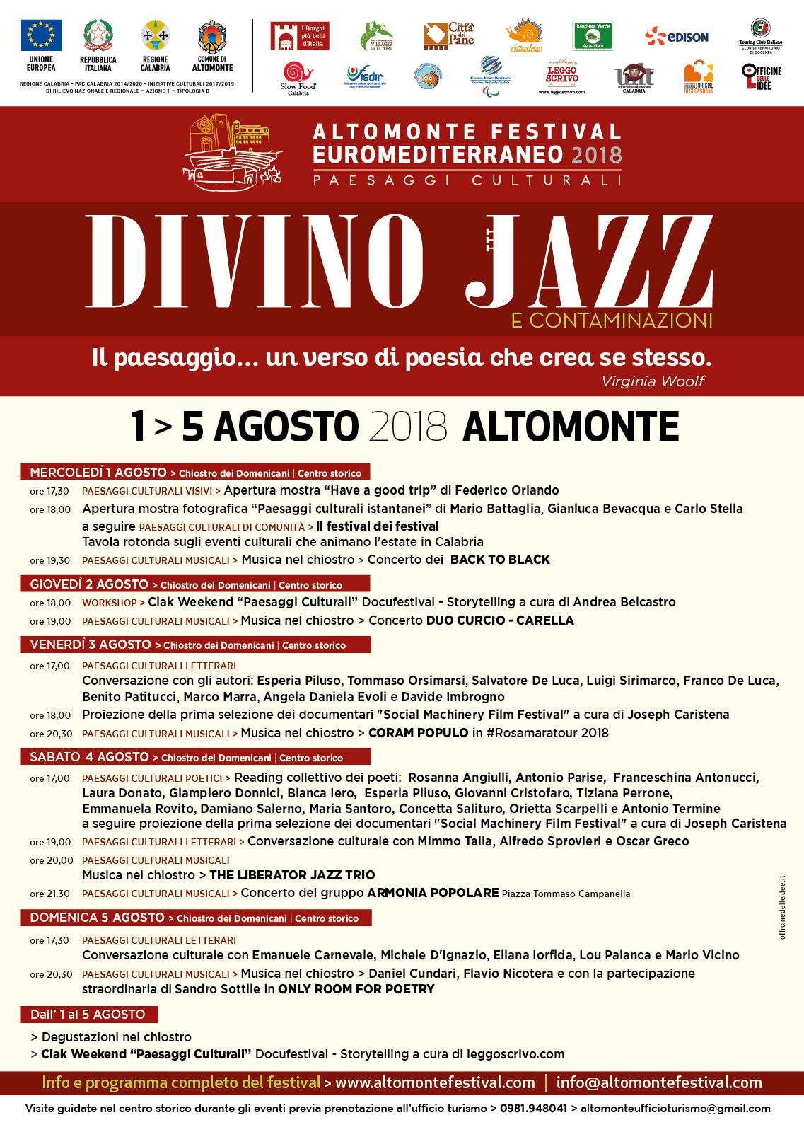 “Divino jazz e contaminazioni” domani, apre il Festival Euromediterraneo di Altomonte 56 Divino jazz e dintorni 2018