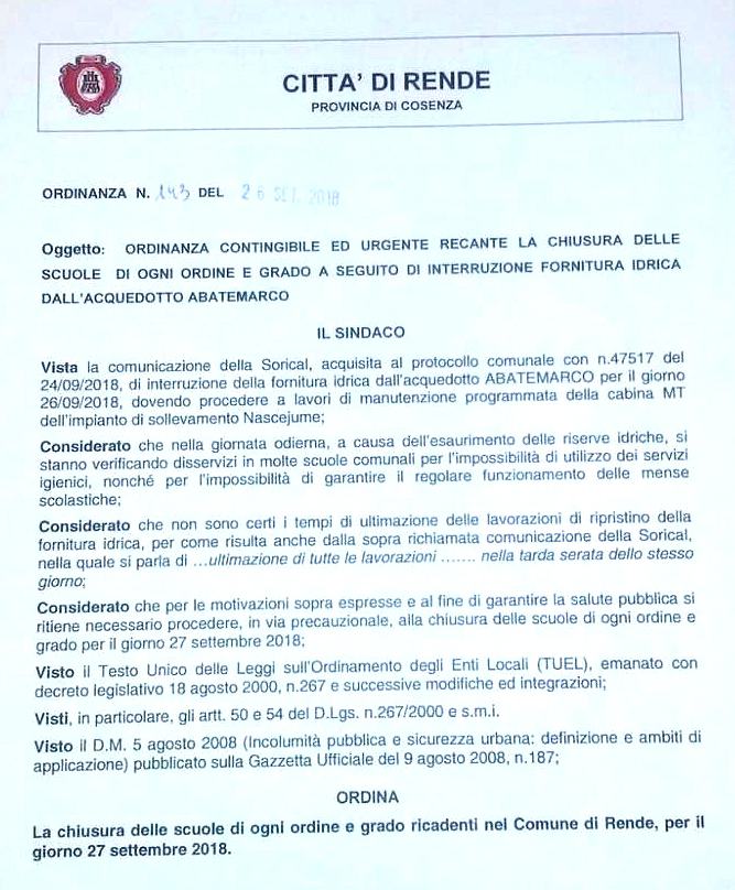 Manca l'acqua a Rende, sindaco dispone per domani la chiusura delle scuole 54 ORDINANZA RENDE