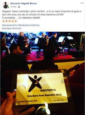 Carolei: Giovanni Segreti Bruno fra i 25 vincitori di Area Sanremo Tim 57 45846504 2276580075906430 7419301015926603776 n
