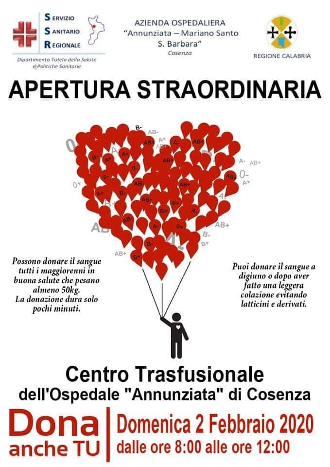 Cosenza: donare il sangue, apertura straordinaria del Centro trasfusionale 54 donazione sangue 2 febb