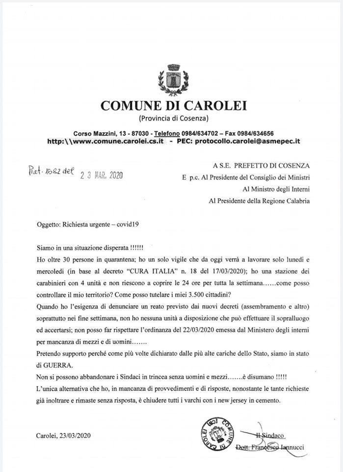 Carolei, lo sfogo del sindaco: "Come controllo il territorio e tutelo i cittadini senza mezzi né uomini?" 56 90232350 3024037650993221 2313051828352188416 o