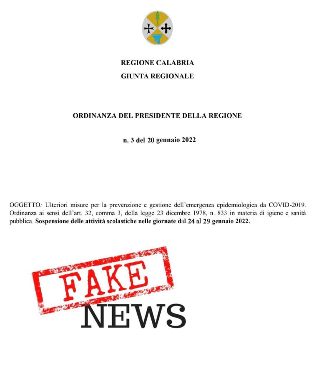 "Scuole chiuse dal 24 al 29 gennaio in Calabria". Ma è una fake news 52 fake news scuole regione calabria