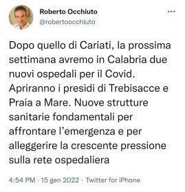 Occhiuto: "la prossima settimana aprono gli ospedali di Praia a Mare e Trebisacce" 52 occhiuto twitter