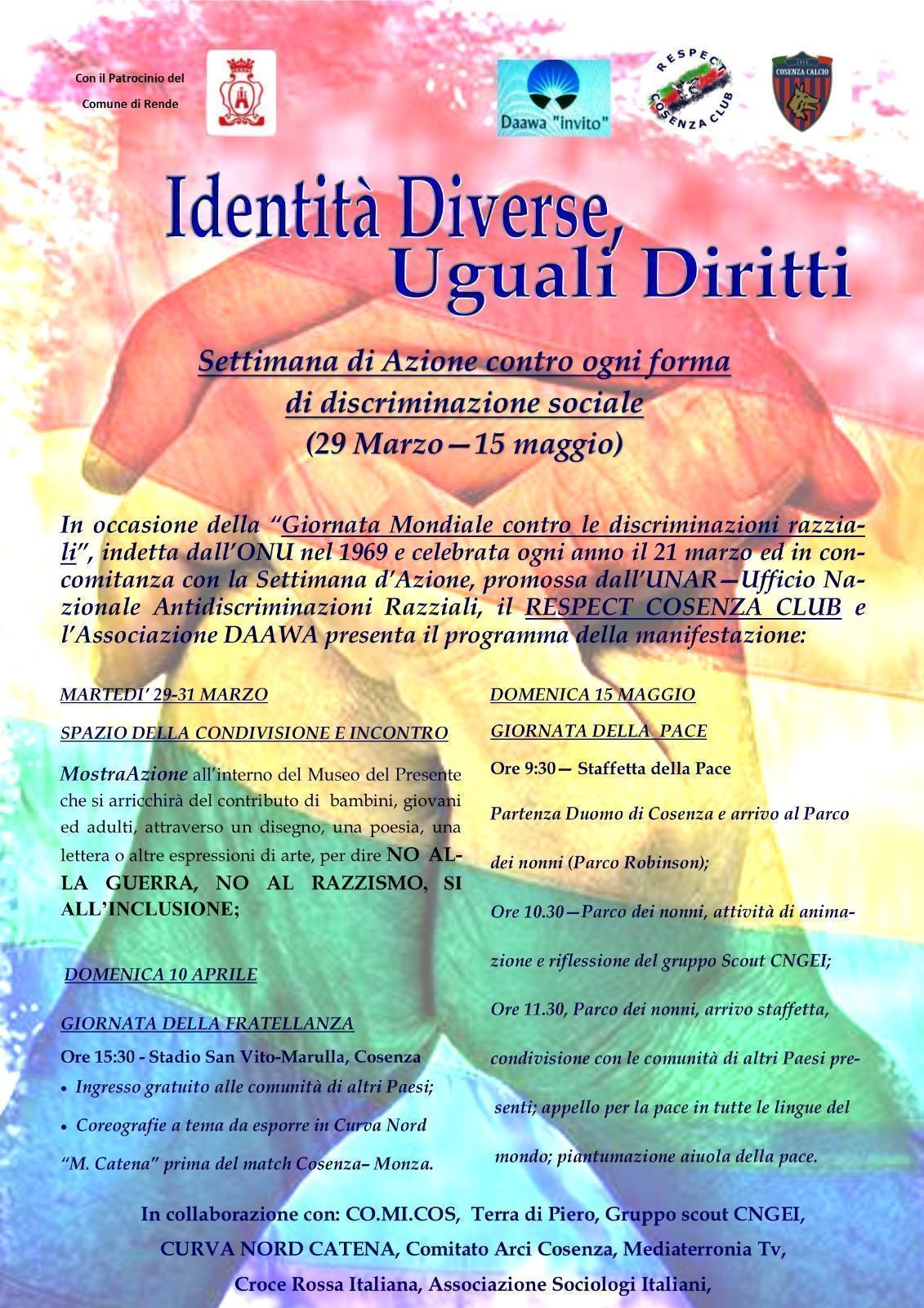 A Rende la Giornata dell'uguaglianza e della pace, "Identità diverse, uguali diritti" 52 locandina giornata pace