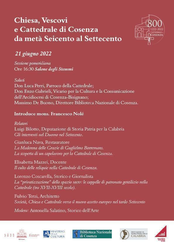 A Cosenza il convegno su "Chiesa, vescovi e Cattedrale da metà '600 al '700” 52 locandina 21 giugno ok