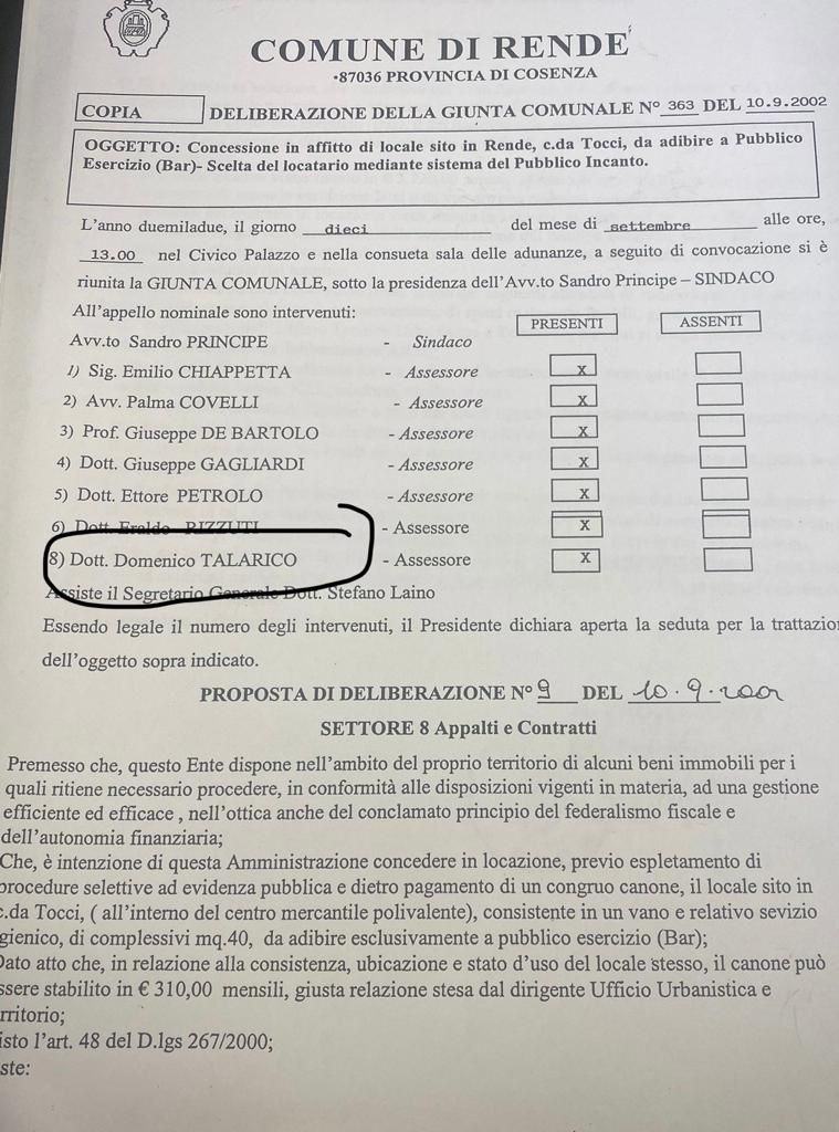 delibera bar colibri rende assessore talarico