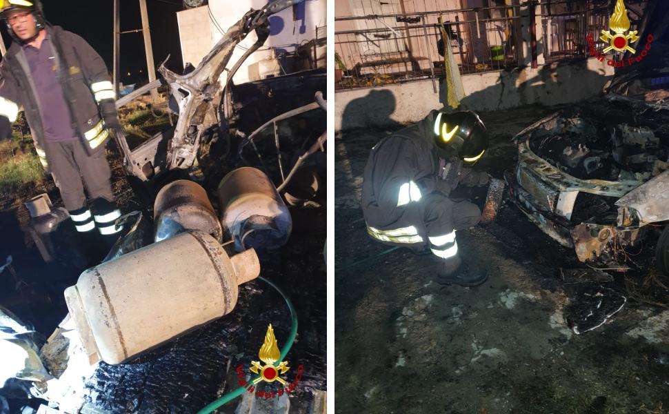 Aprono le valvole delle bombole di gas, esplode il furgone che le trasporta 51 Furgone Fiorino carico bombole gas incendio