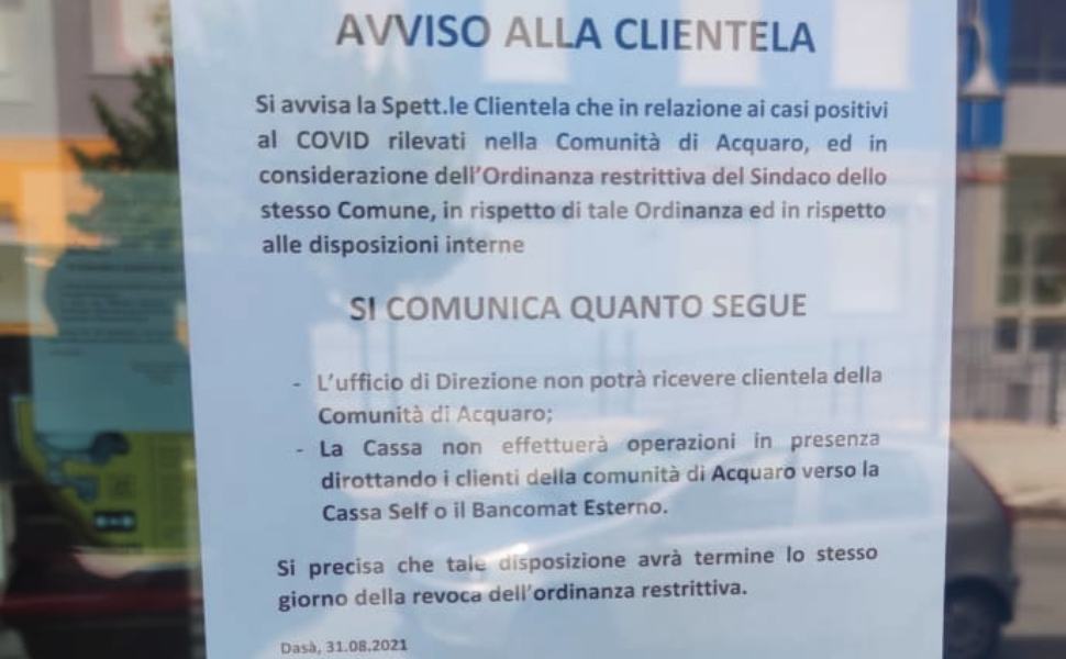Troppi contagi, la banca chiude ai clienti del paese. L'ira del sindaco 51 avviso banca dasa acquaro
