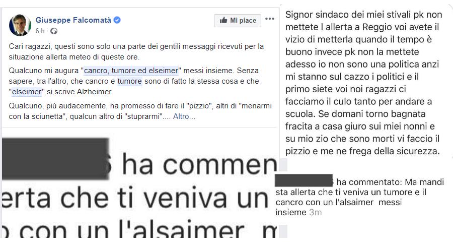 Maltempo, sindaco non chiude le scuole e piovono insulti sui social... scritti anche male! 55 insulti a falcomata