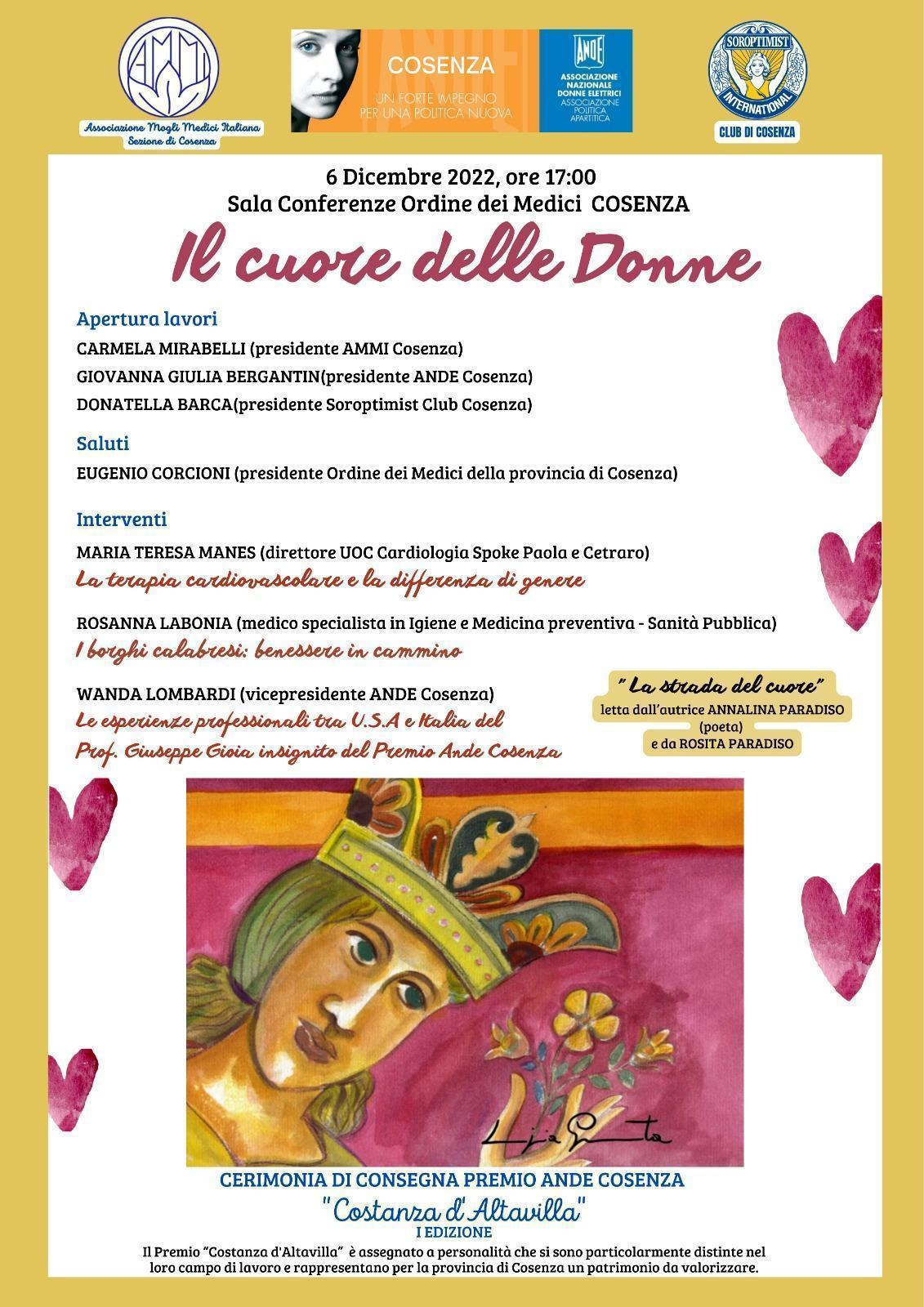 Cosenza: all'ordine dei Medici 'Il cuore delle donne', premio al prof. Gioia 52 invito programma 6 dicembre