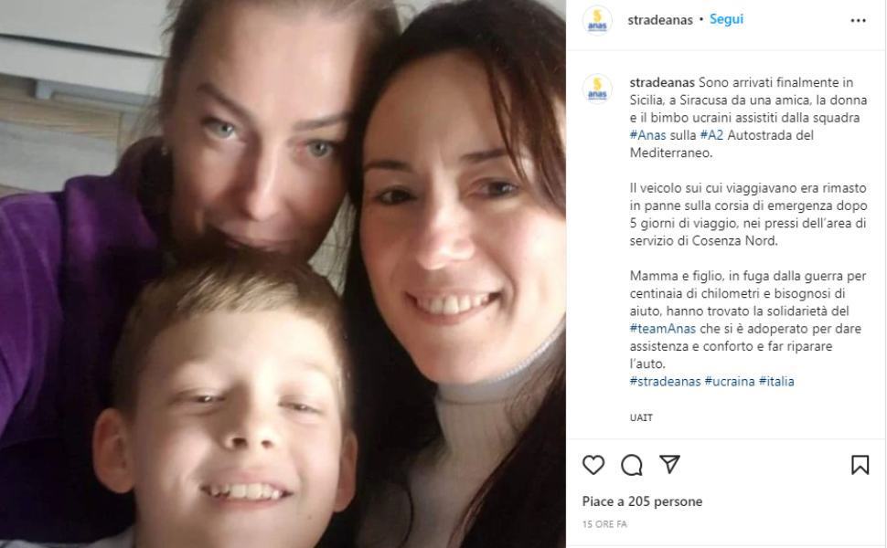 Ucraina, mamma e figlio soccorsi sull'A2 a Rende arrivati in Sicilia 51 post anas instagram mamma bimbo ucraina