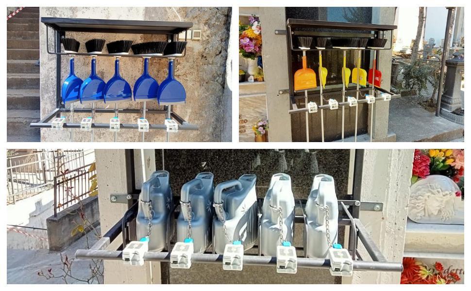 Saracena, cimitero come supermercato: scope e annaffiatoi a gettone con 1 euro 51 scope palette gettoniera Saracena