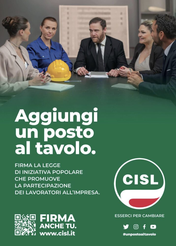 Partecipazione dei lavoratori nella gestione delle aziende, parte la raccolta firme della Cisl Cosenza 54 Locandina Cisl firme proposta legge scaled