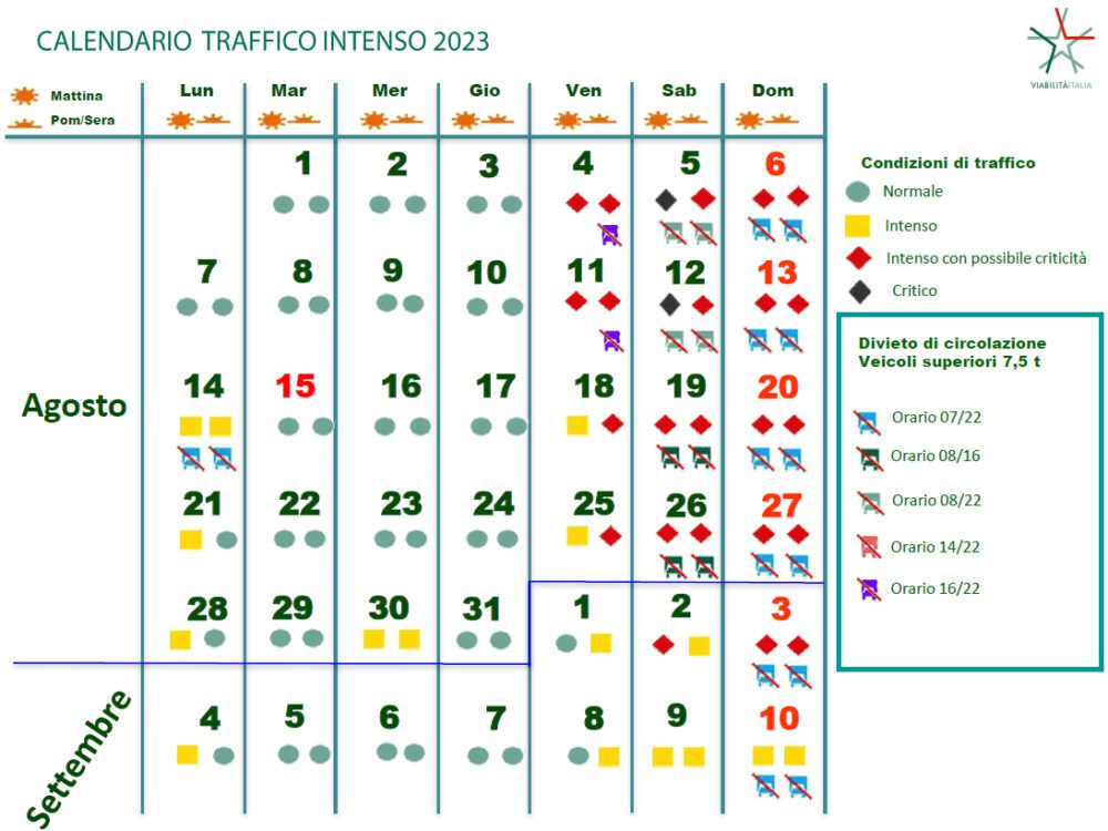 Agosto calendario traffico esodo estivo 2023