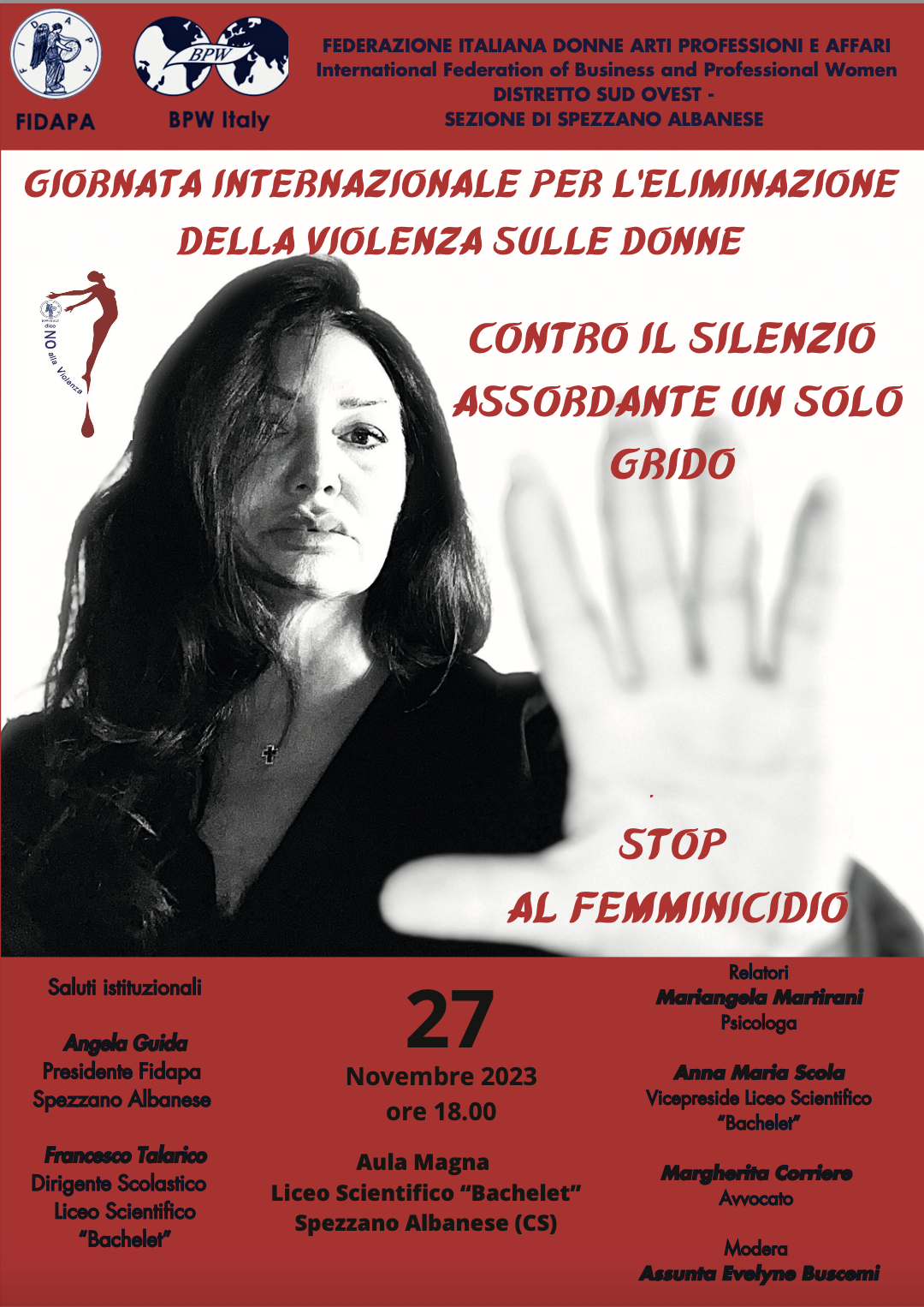 Locandina convegno spezzano iniziativa violenza donne fidapa