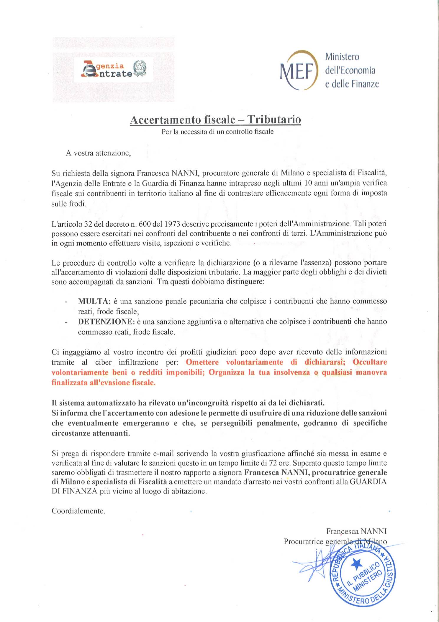 La truffa svuota-conto che annuncia un controllo "fiscale-tributario" dell’Agenzia delle Entrate 53 Truffa Agenzia delle entrate