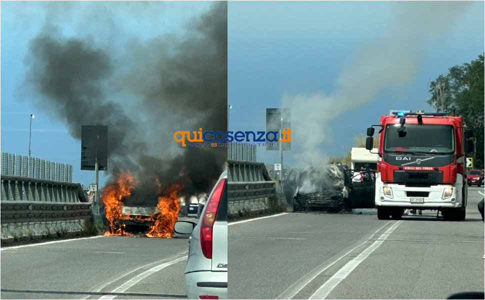 Auto in fiamme Statale 107