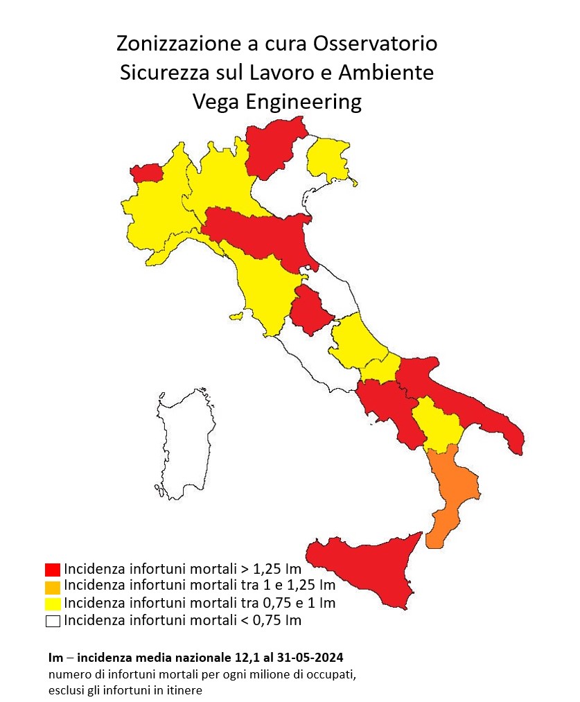 Morti sul lavoro, bilancio drammatico: Calabria in 'zona arancione' 54 Cartina per comunicato 31.05.2024