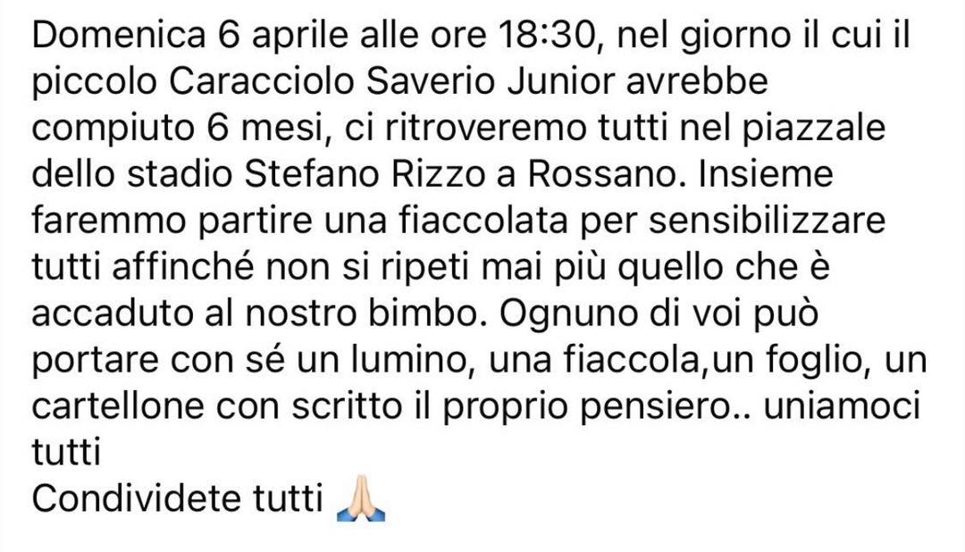 Bimbo di 5 mesi morto all'Annunziata, a Rossano una fiaccolata per il piccolo Saverio 54 486797264 931430002238222 3317443968636730112 n