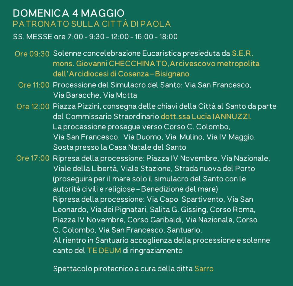 programma 4 maggio religioso