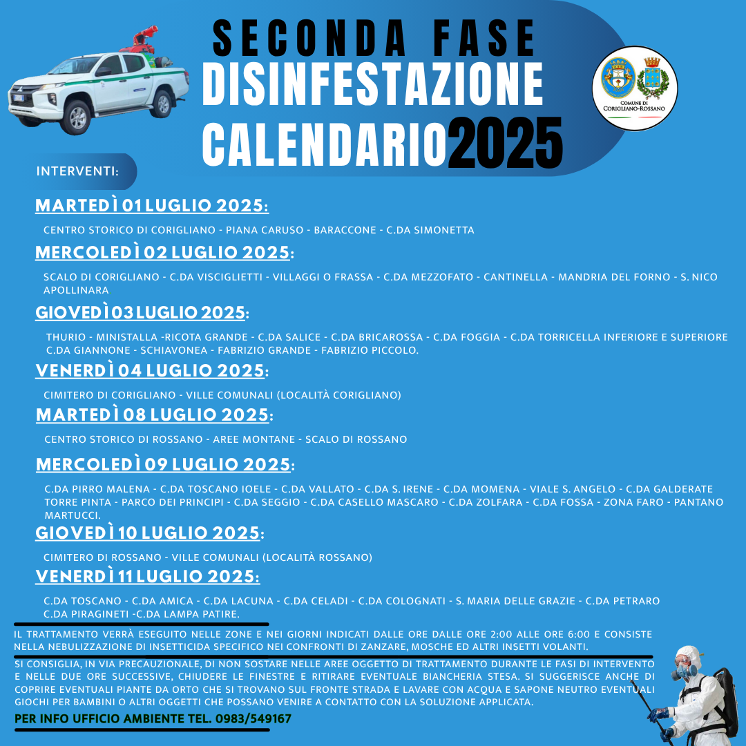 Corigliano Rossano, parte la seconda fase di disinfestazione: il calendario e le info utili 54 II fase Disinfestazione FB