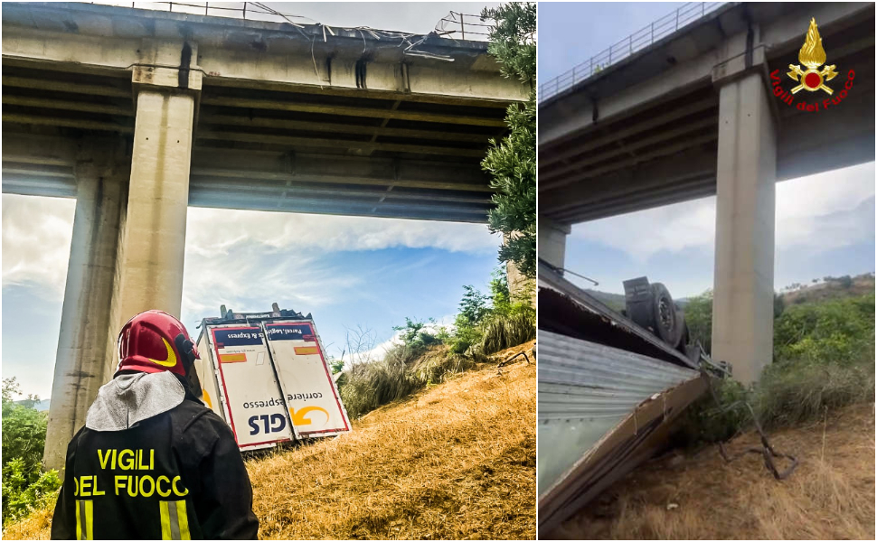 Autoarticolato precipita da un viadotto sulla A2 a Castrovillari