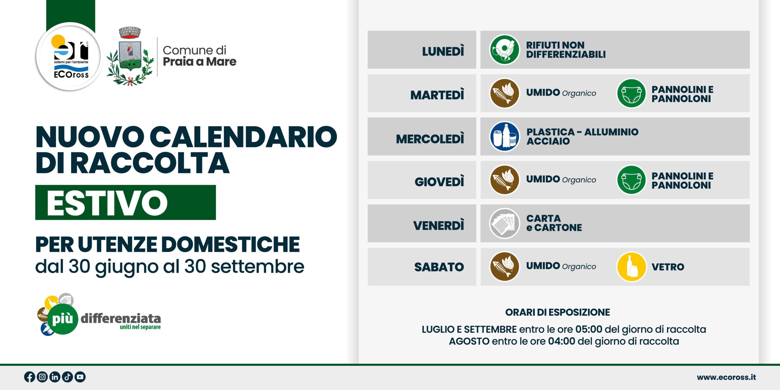 Praia a Mare: dal 20 giugno al 30 settembre potenziato il servizio di raccolta dei rifiuti - Calendario 54 Nuovo calendario raccolta Praia a Mare