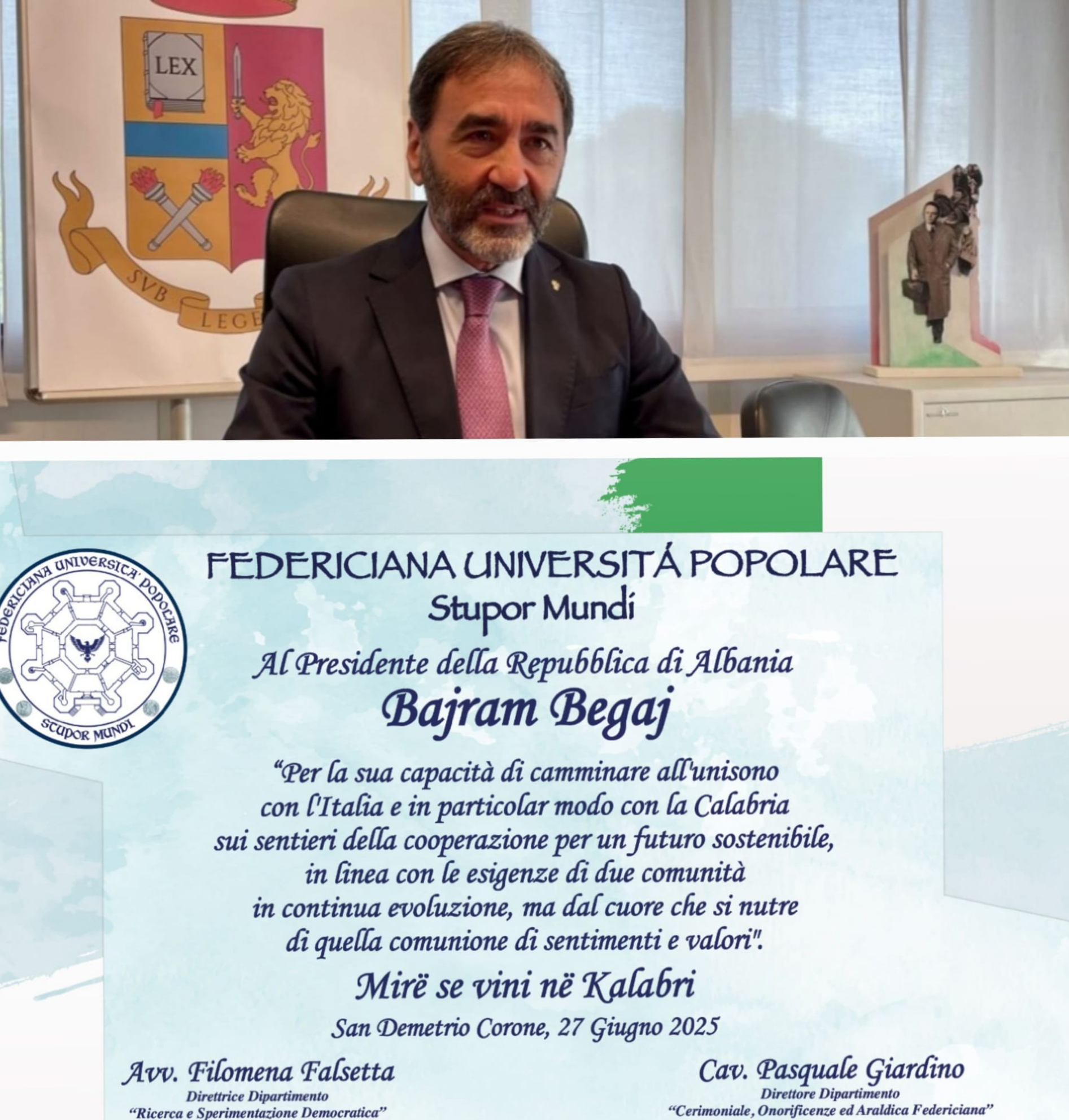 Il Presidente Albanese Begaj a San Demetrio Corone. La Federiciana Università Popolare plaude al Questore Cannizzaro 54 Cannizzaro