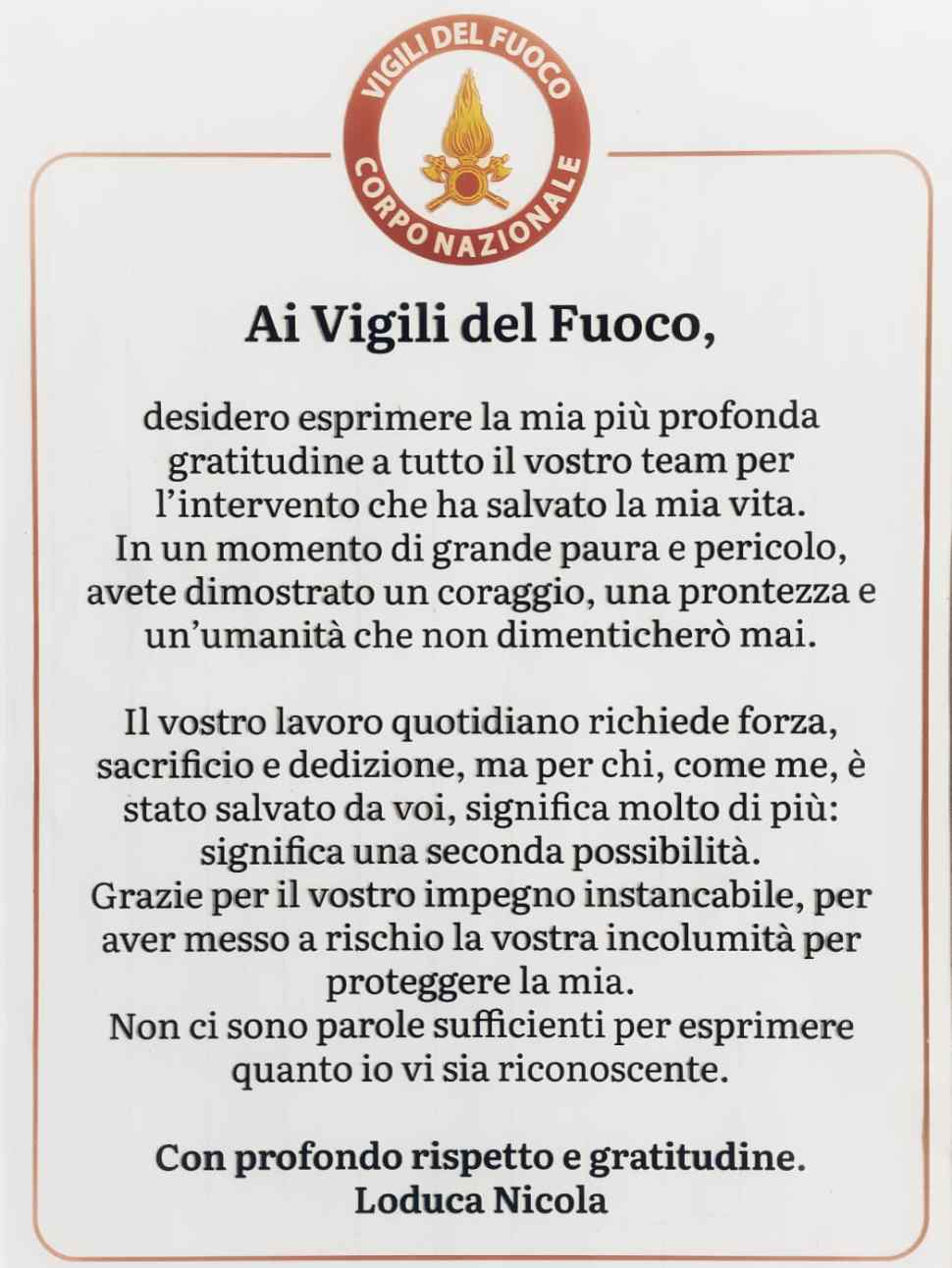 ringraziamento vigili fuoco loduca nicola