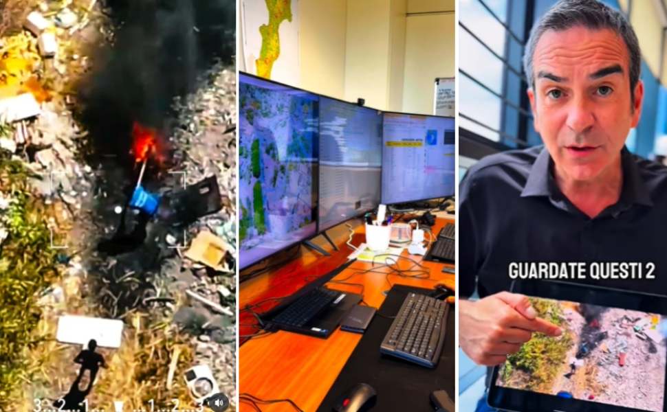 Ripresi dai droni mentre appiccano un incendio di rifiuti. Occhiuto: «grazie al lavoro dei dipendenti regionali» 54 droni arresto occhiuto 2 persone incendio 02