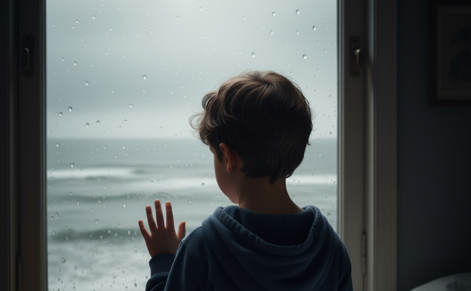 Bimbo triste che guarda il mare
