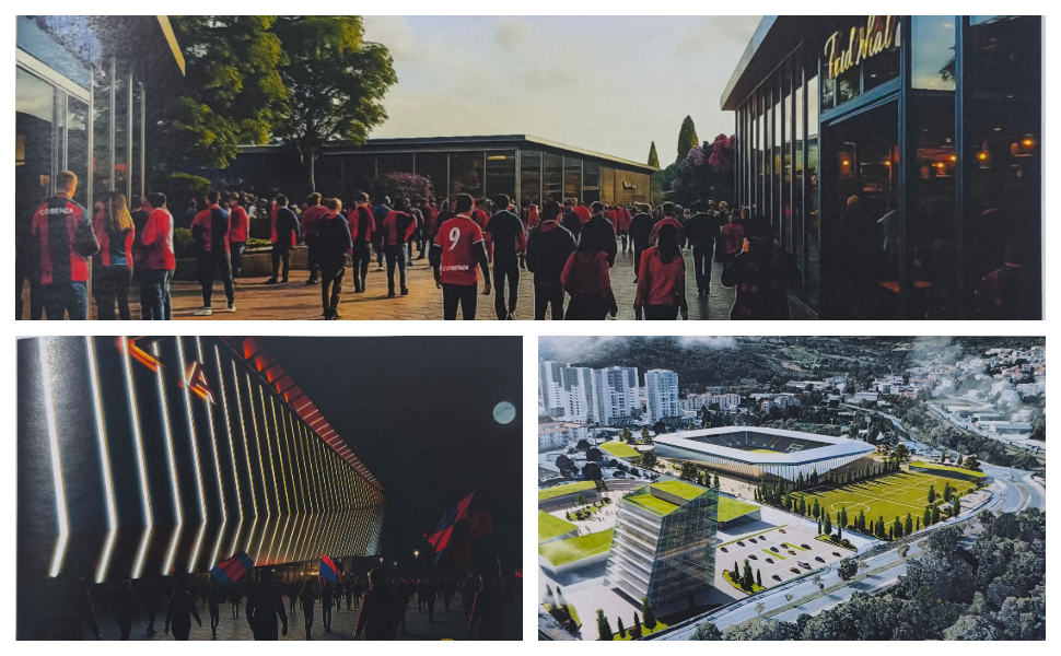 Cosenza: restyling totale (dentro e fuori) dello stadio Marulla, : curve vicine al campo, parco commerciale e hotel 54 Marulla dentro e fuori