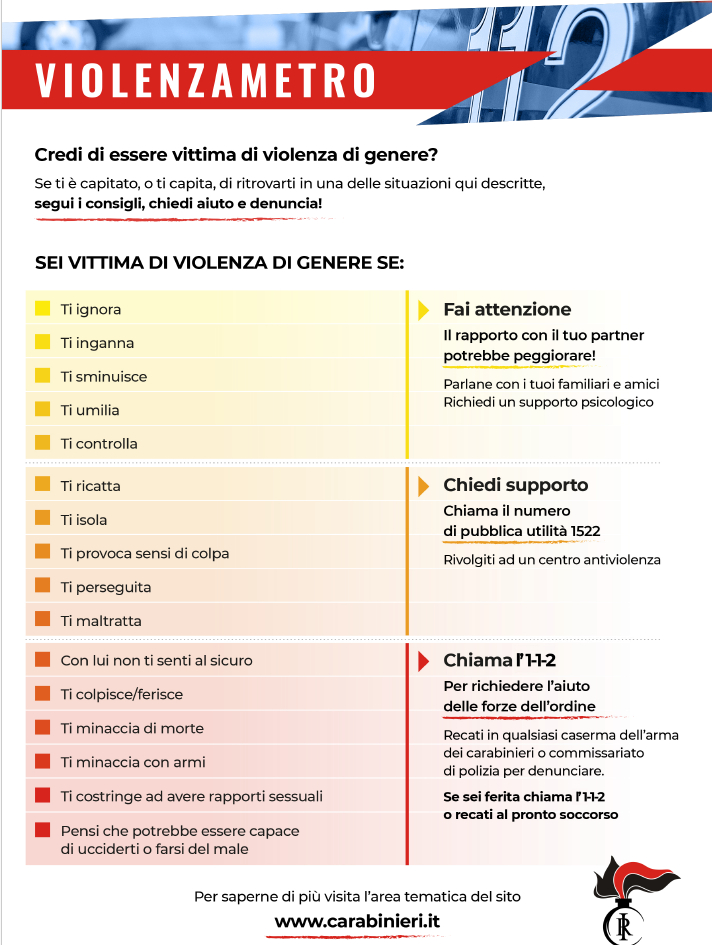 "Codice rosso": doppio intervento dei Carabinieri «fermare la violenza sul nascere» 52 Violenzametro