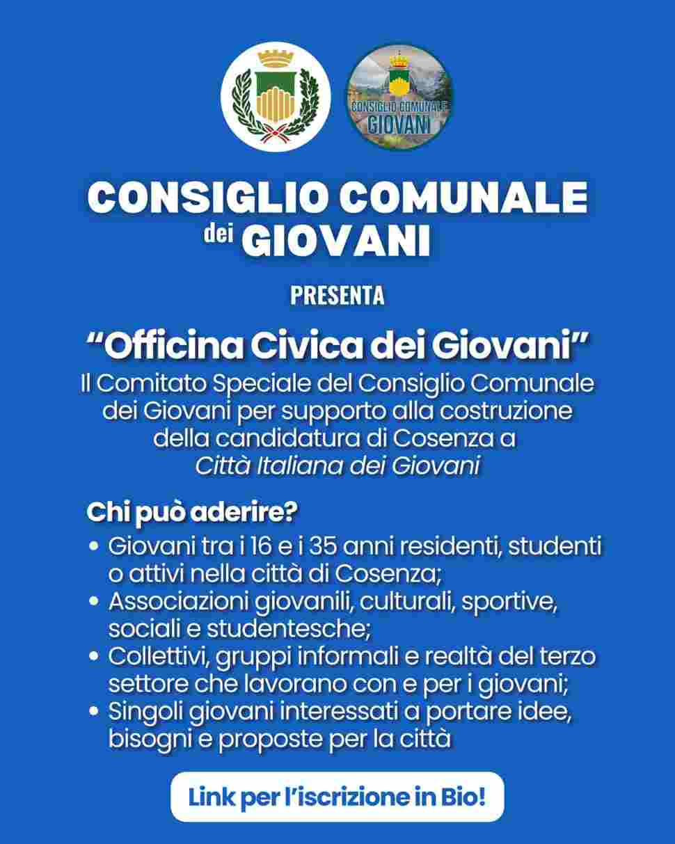 Cosenza, si lavora per la candidatura a "Città italiana dei Giovani 2026": nasce l'Officina Civica 52 Officina Civica dei Giovani