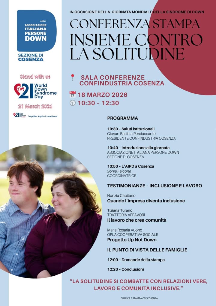 “Insieme contro la solitudine”. Il 18 marzo a Cosenza l’iniziativa per la Giornata mondiale della sindrome di Down 52 Insieme contro la solitudine Cosenza conferenza