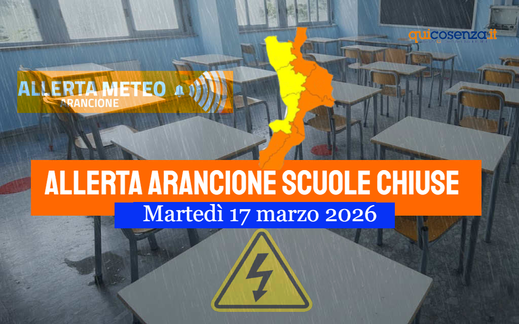 Allerta arancione in Calabria: scuole chiuse domani, martedì 17 marzo, in diversi comuni - ELENCO 51 Scuole chiuse Calabria allerta arancione martedì