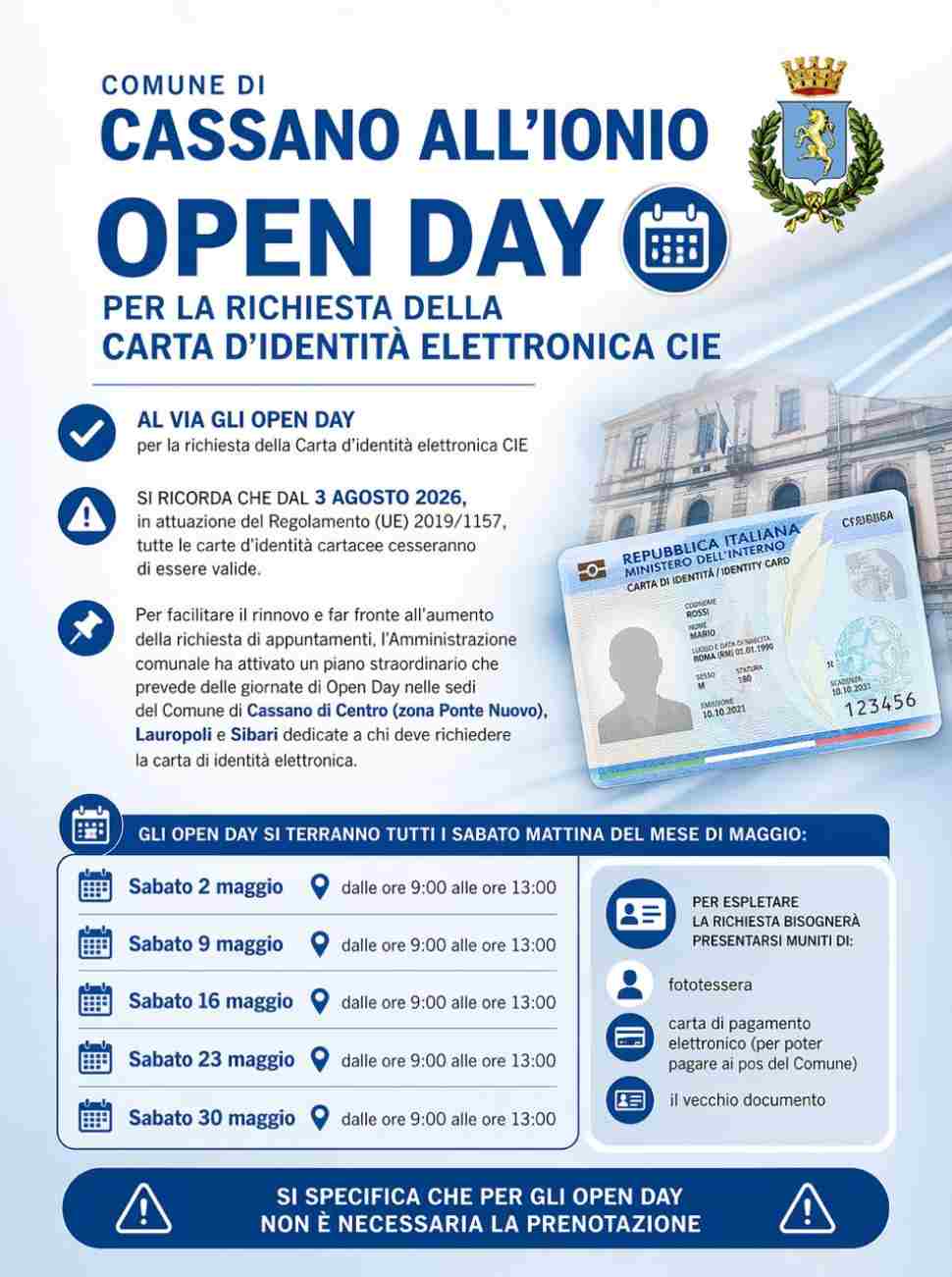 Cassano Ionio, al via gli Open Day per la richiesta della carta d'identità elettronica 52 CIE Cassano info
