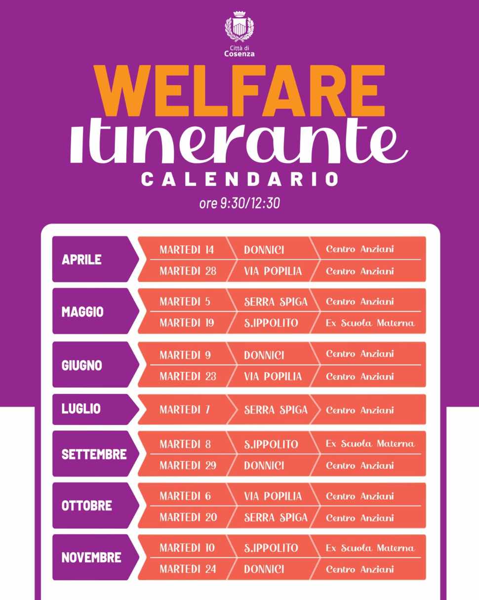Cosenza, al via "Welfare Itinerante": il progetto che accorcia le distanze tra Comune e cittadini in difficoltà 52 Welfare itinerante appuntamenti