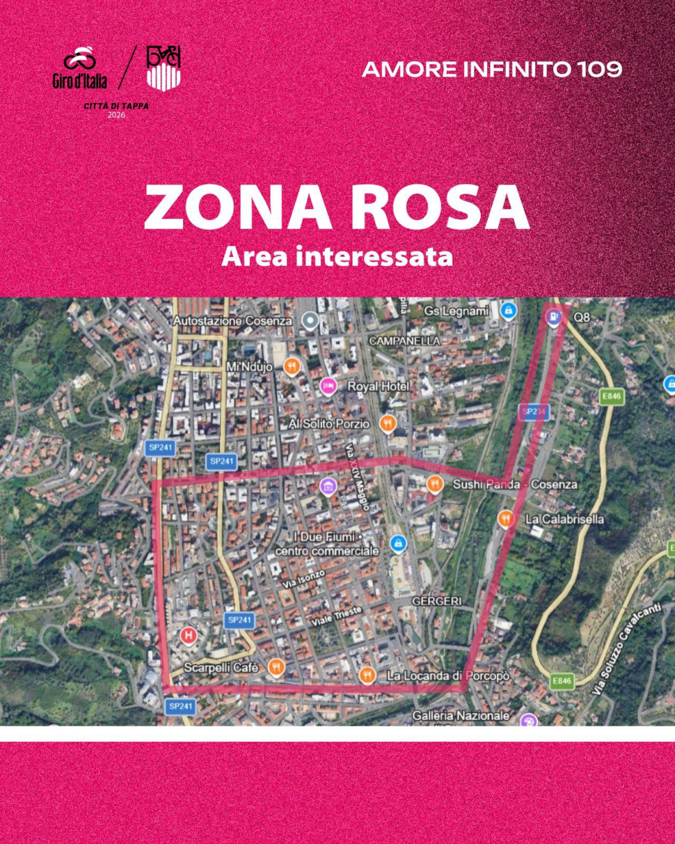 Giro d'Italia da Catanzaro a Cosenza, limitazioni alla viabilità: dalle strade statali all'A2. Tutte le info 54 Area Rossa Giro d'Italia Cosenza