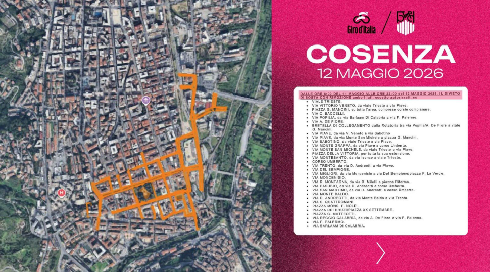 Giro d'Italia da Catanzaro a Cosenza, limitazioni alla viabilità: dalle strade statali all'A2. Tutte le info 55 Divieti di Sosta rimozione giro d'Italia Cosenza