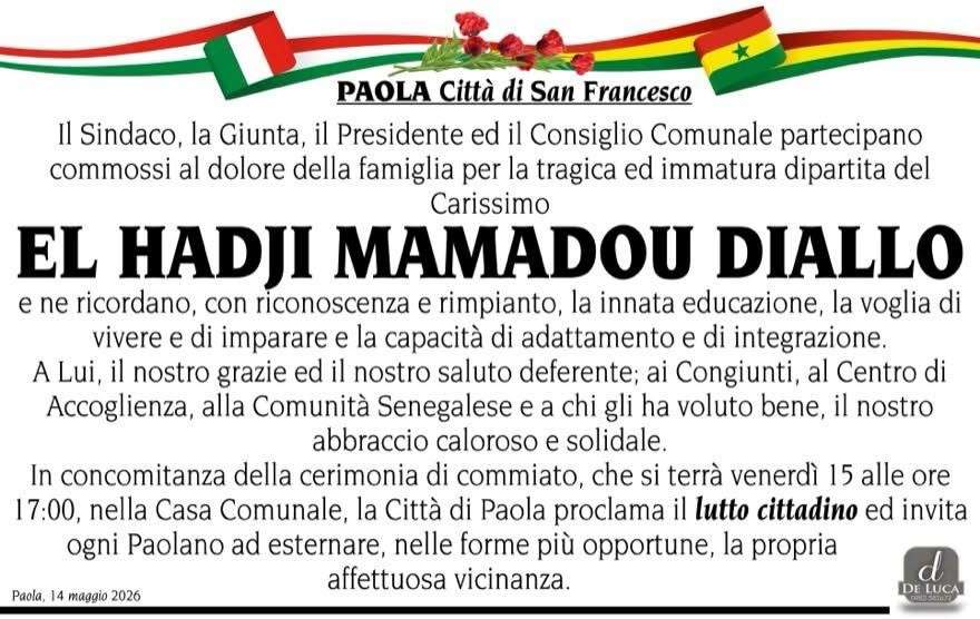 Mamadou Paola lutto cittadino