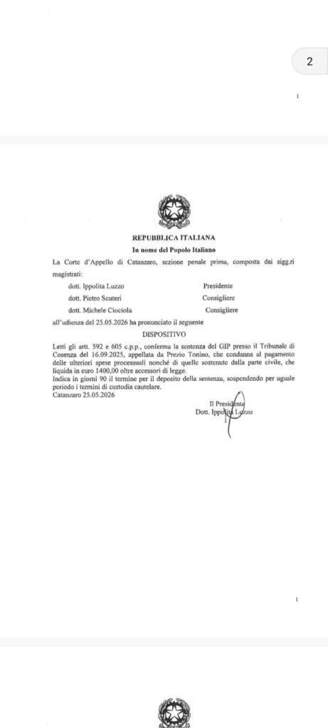 Sparatoria di Santo Stefano a Montalto: la Corte d'Appello conferma la condanna per Prezio 52 corte d'appello dispositivo sparatoria montalto