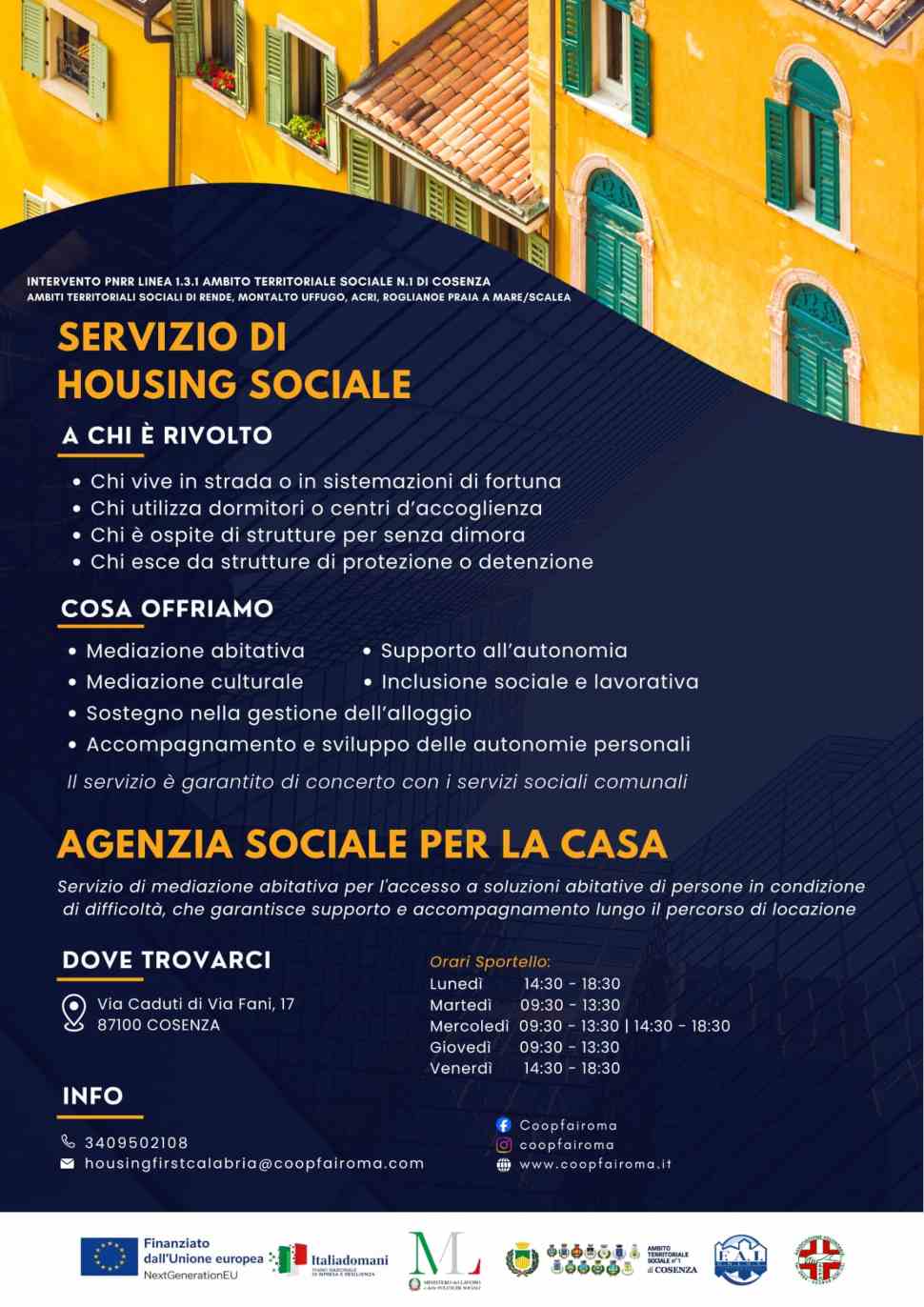 Cosenza capofila della rete per l'housing sociale: al via percorsi dedicati a chi vive in strada ed in povertà 53 servizio di housing sociale locandina
