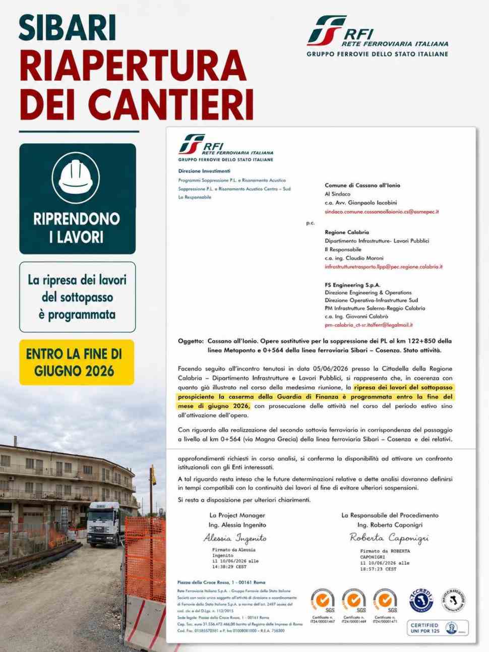 Comunicazione Rfi lavori sottopassi