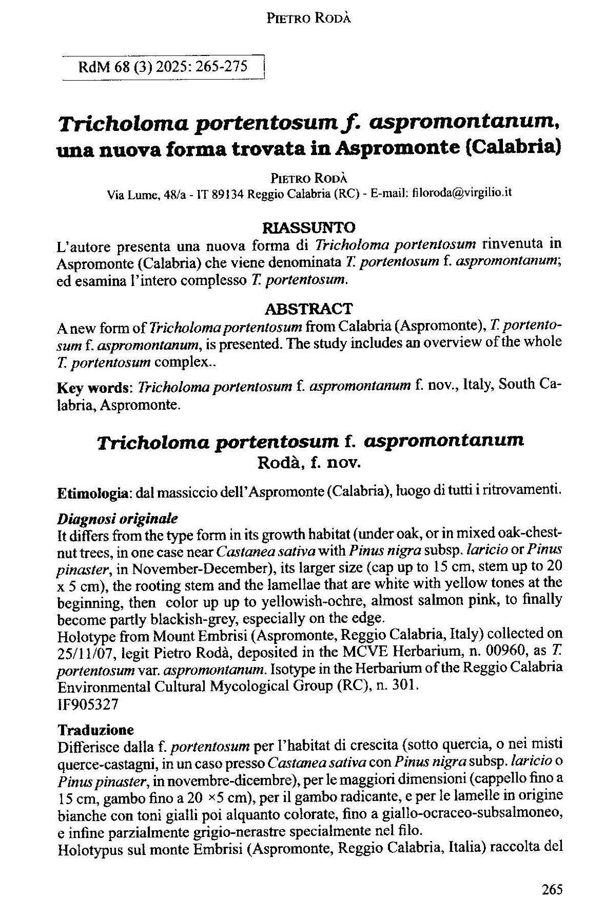 Identificata una nuova forma di fungo mai descritta prima, grazie al micologo Pietro Rodà 52 Riv. Micol.. T. port. f. aspr. pag. iniziale Rodà fungo