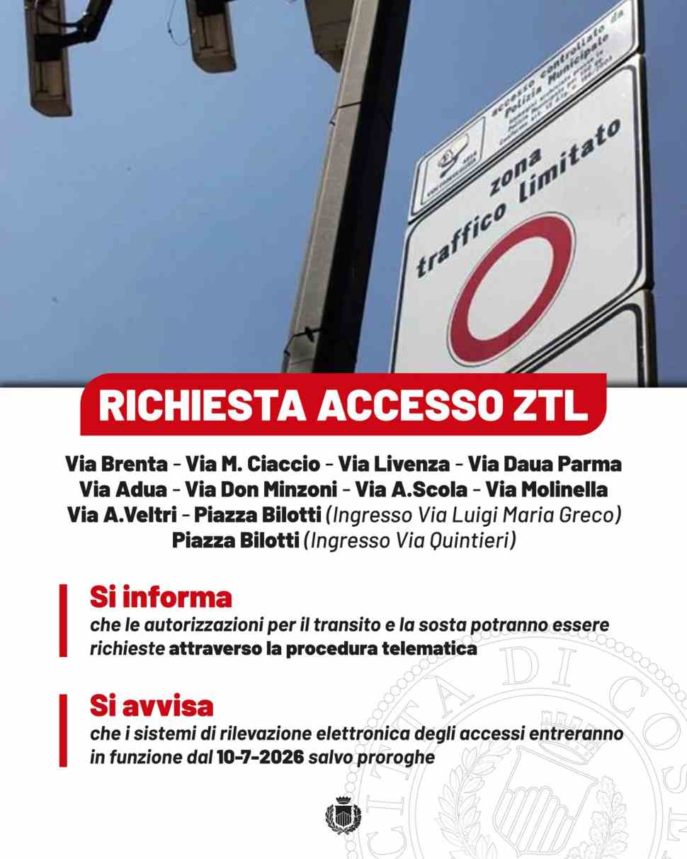 Cosenza, nuovi accessi alle ZTL: attiva la procedura telematica per chiedere le autorizzazioni 53 locandina autorizzazioni per ZTL