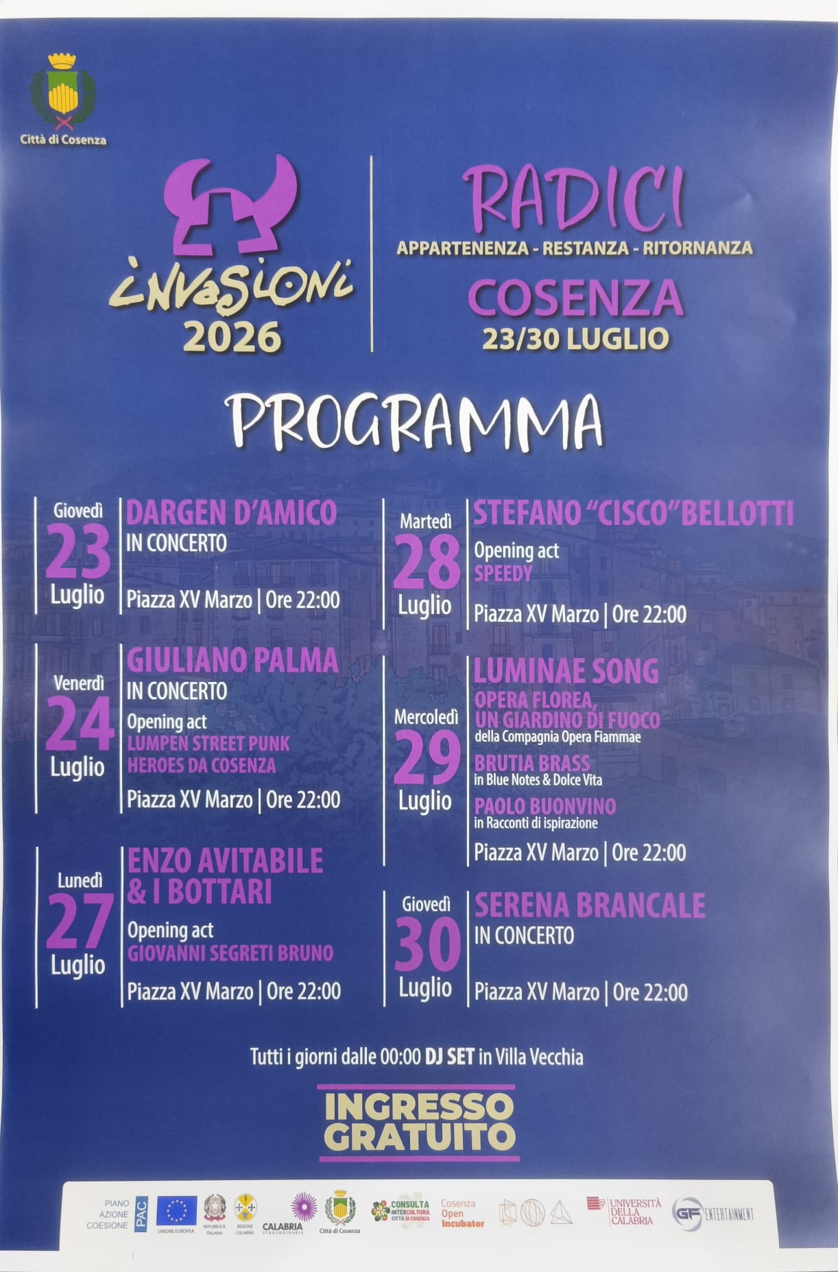 Cosenza, l'estate si accende con il Festival delle Invasioni 2026: tra i nomi Dargen D’amico e Giuliano Palma 52 Festival Delle invasioni 2026 programma